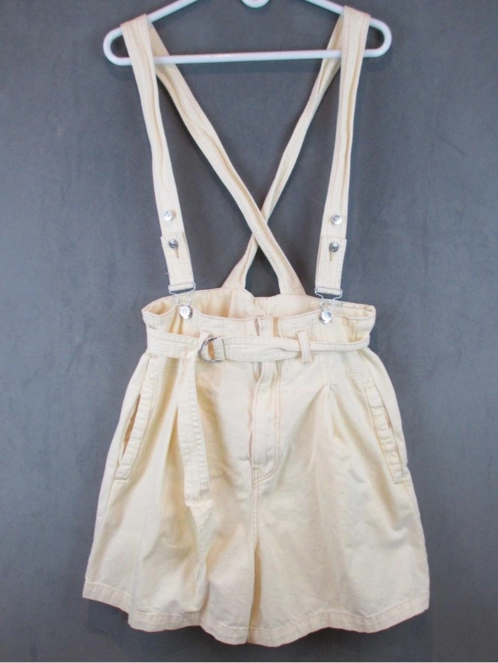 Free People Bittersweet Shortall Ivory Suspender Shorts Paperbag Waist Size 28